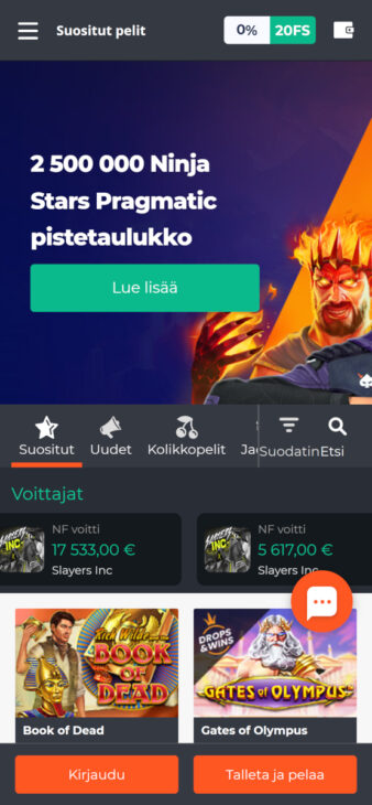 Ninja Casino etusivu mobiilissa