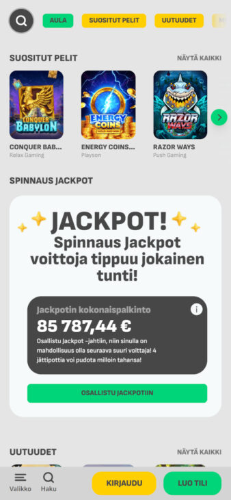 spinnaus kasinon ilman rekisteröitymistä peliaula